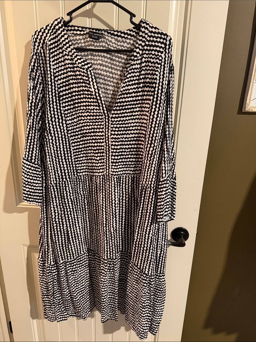 Via Appia Due Black and White Zigzag V-Neck Tiered Dress Worn Once